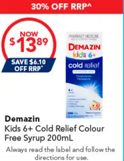 Amcal Pharmacies DEMAZIN Kids 6+ Cold Relief Colour Free Syrup offer