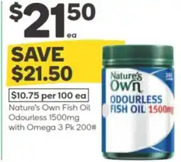 Woolworths Nature's Own ODOURLESS FINature's Own Fish Oil Odourless 1500mg with Omega 3 Pk 200# offer