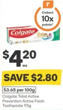 Woolworths Colgate Total Active Prevention Active Fresh Toothpaste offer
