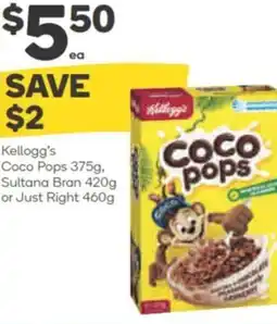 Woolworths Kellogg's Coco Pops 375g, Sultana Bran 420g or Just Right 460g offer