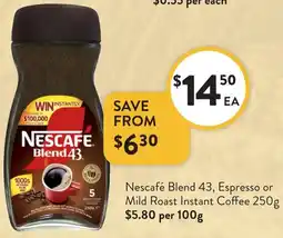 Foodworks Nescafé Blend 43, Espresso or Mild Roast Instant Coffee offer