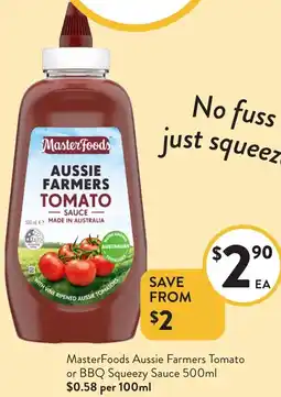Foodworks MasterFoods Aussie Farmers Tomato or BBQ Squeezy Sauce offer