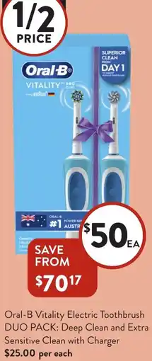 Foodworks Oral-B Vitality Electric Toothbrush DUO PACK: Deep Clean and Extra Sensitive Clean with Charger offer