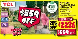 JB Hi-Fi 75" 4k uhd premium qd-mini led google tv offer