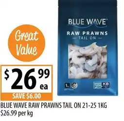 Supabarn BLUE WAVE RAW PRAWNS TAIL ON 21-25 offer