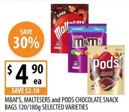 Supabarn M&m's, maltesers and pods chocolate snack bags offer