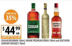 Supabarn Cougar bourbon 700ml, ariane premium vodka 700ml and southern comfort whiskey 700ml offer