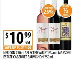 Supabarn Nericon 750ml selected varieties and massoni estate cabernet sauvignon 750ml offer