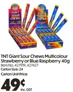 Campbells Wholesale TNT Giant Sour Chews Multicolour Strawberry or Blue Raspberry offer