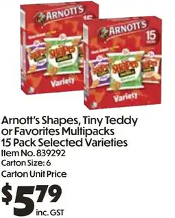 Campbells Wholesale Arnott's Shapes, Tiny Teddy or Favorites Multipacks offer