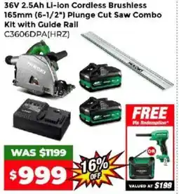 Sydney Tools 36v 2.5ah li-ion cordless brushless 165mm (6-1/2") plunge cut saw combo kit with guide rail offer