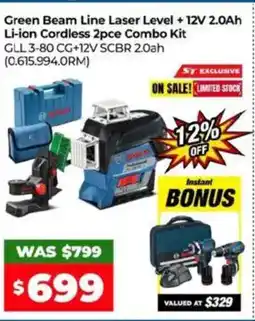 Sydney Tools Green beam line laser level + 12v 2.0ah li-ion cordless 2pce combo kit offer