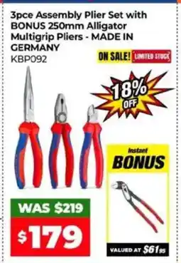 Sydney Tools 3pce assembly plier set with bonus 250mm alligator multigrip pliers offer