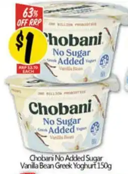 NQR Chobani no added sugar vanilla bean greek yoghurt 150g offer