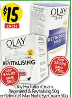 NQR Olay hydration cream regenerist & revitalising or retinol 24 max night eye cream offer