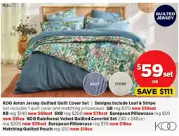 Spotlight KOO Arran Jersey Quilted Quilt Cover Set | Designs include Leaf & Stripe offer