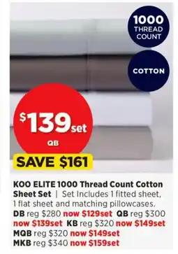 Spotlight KOO ELITE 1000 Thread Count Cotton Sheet Set offer