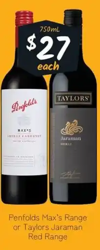 Cellarbrations Penfolds Max's Range or Taylors Jaraman Red Range offer
