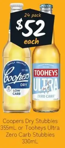Cellarbrations Coopers Dry Stubbies 355mL or Tooheys Ultra Zero Carb Stubbies offer