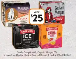 Foodworks Bundy Campfire 6%, Captain Morgan 6%, Smirnoff Ice Double Black or Smirnoff Crush offer