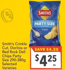 Supa Valu Smith's Crinkle Cut, Doritos or Red Rock Deli Chips Party Size offer