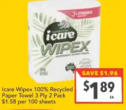 Supa Valu Icare Wipex 100% Recycled Paper Towel 3 Ply 2 Pack offer