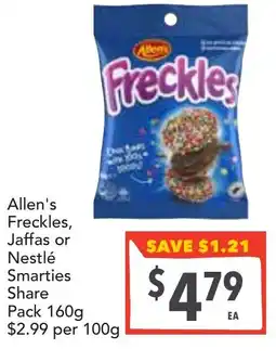 Supa Valu Allen's Freckles, Jaffas or Nestlé Smarties Share Pack offer
