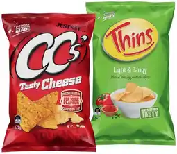 IGA CC’s Corn Chips 175g, Thins Chips 150‑175g or Onion Rings 85g Selected Varieties offer