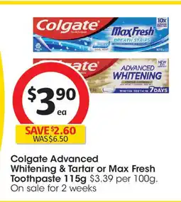 Coles Colgate Advanced Whitening & Tartar or Max Fresh Toothpaste offer