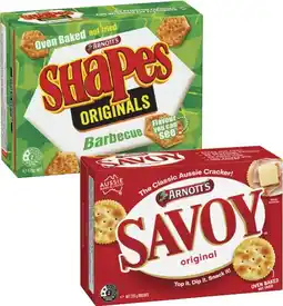 Coles Arnott's Shapes or Savoy Crackers 130g-225g offer