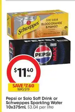 Coles Pepsi or Solo Soft Drink or Schweppes Sparkling Water 10x375mL offer