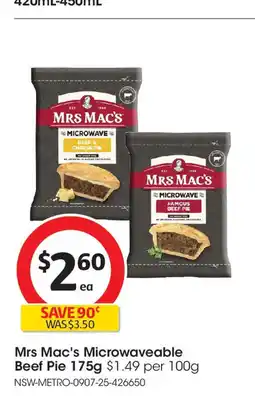Coles Mrs Mac's Microwaveable Beef Pie offer