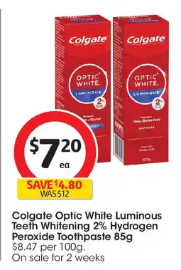 Coles Colgate Optic White Luminous Teeth Whitening 2% Hydrogen Peroxide Toothpaste offer