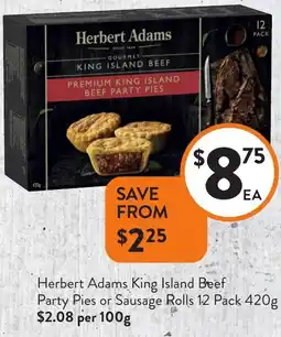 Foodworks Herbert Adams King Island Beef Party Pies or Sausage Rolls offer