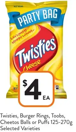 Foodworks Twisties, Burger Rings, Toobs, Cheetos Balls or Puffs offer