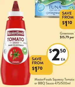 Foodworks MasterFoods Squeezy Tomato or BBQ Sauce offer