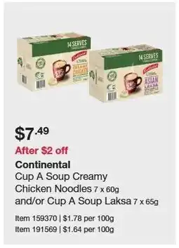 Costco Continental Cup A Soup Creamy Chicken Noodles 7 x 60g and/or Cup A Soup Laksa 7 x 65g offer