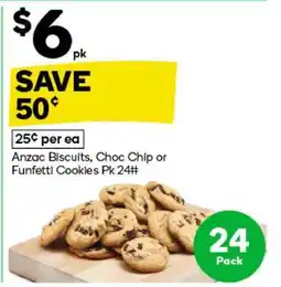 Woolworths Anzac Biscuits, Choc Chip or Funfetti Cookies Pk 24 offer