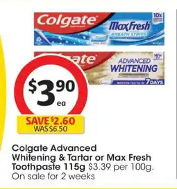 Coles Colgate Advanced Whitening & Tartar or Max Fresh Toothpaste 115g offer