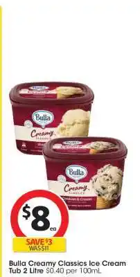 Coles Bulla Creamy Classics Ice Cream Tub 2 Litre offer