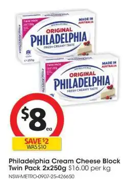 Coles Philadelphia Cream Cheese Block Twin Pack 2x250g offer