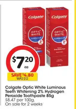 Coles Colgate Optic White Luminous Teeth Whitening 2% Hydrogen Peroxide Toothpaste 85g offer