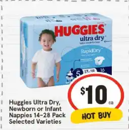 IGA Huggies Ultra Dry, Newborn or Infant Nappies 14-28 Pack Selected Varieties offer
