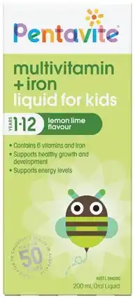 Discount Drug Stores Pentavite Multivitamin + Iron Liquid for Kids Lemon Lime Flavour 200mL offer