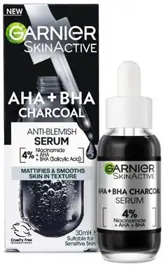 Discount Drug Stores Garnier Skin Active AHA+BHA Charcoal Anti-Blemish Serum 30mL offer