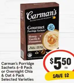 IGA Carman's Porridge Sachets 6-8 Pack or Overnight Chia & Oat offer