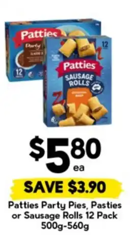 Drakes Patties Party Pies, Pasties or Sausage Rolls 12 Pack offer