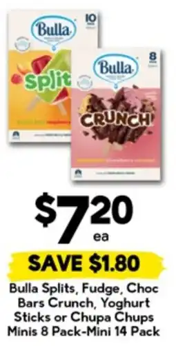 Drakes Bulla Splits, Fudge, Choc Bars Crunch, Yoghurt Sticks or Chupa Chups Minis 8 Pack-Mini 14 Pack offer