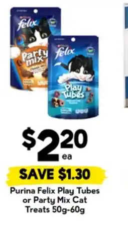Drakes Purina Felix Play Tubes or Party Mix Cat Treats offer