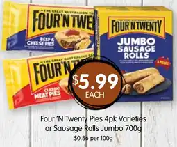 Spudshed Four 'N Twenty Pies 4pk Varieties or Sausage Rolls Jumbo offer